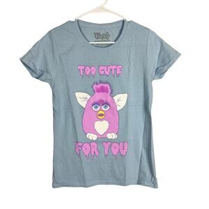Furby Too Cute For You Graphic Tee Blue Pink Retro Y2K T-Shirt Women’s Size S
